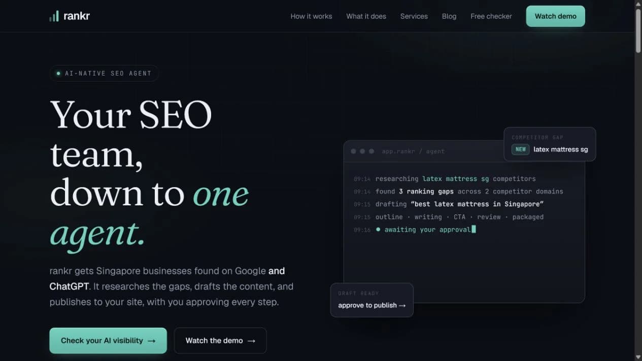 Rankr homepage showing one AI agent moving from competitor research to human-approved publishing