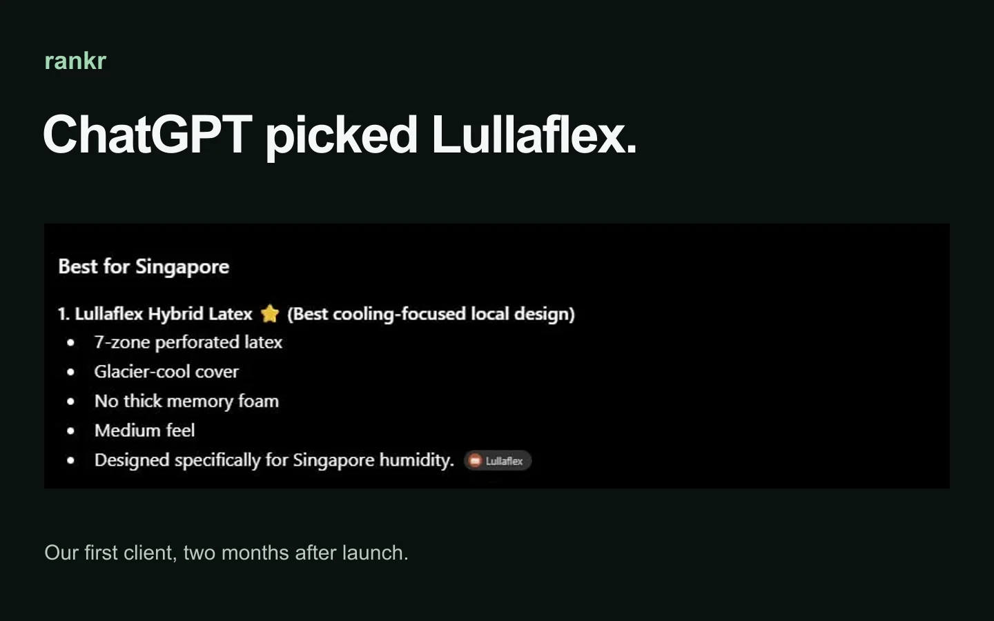 ChatGPT's Best for Singapore recommendation for Lullaflex, reproduced on a dark green cover