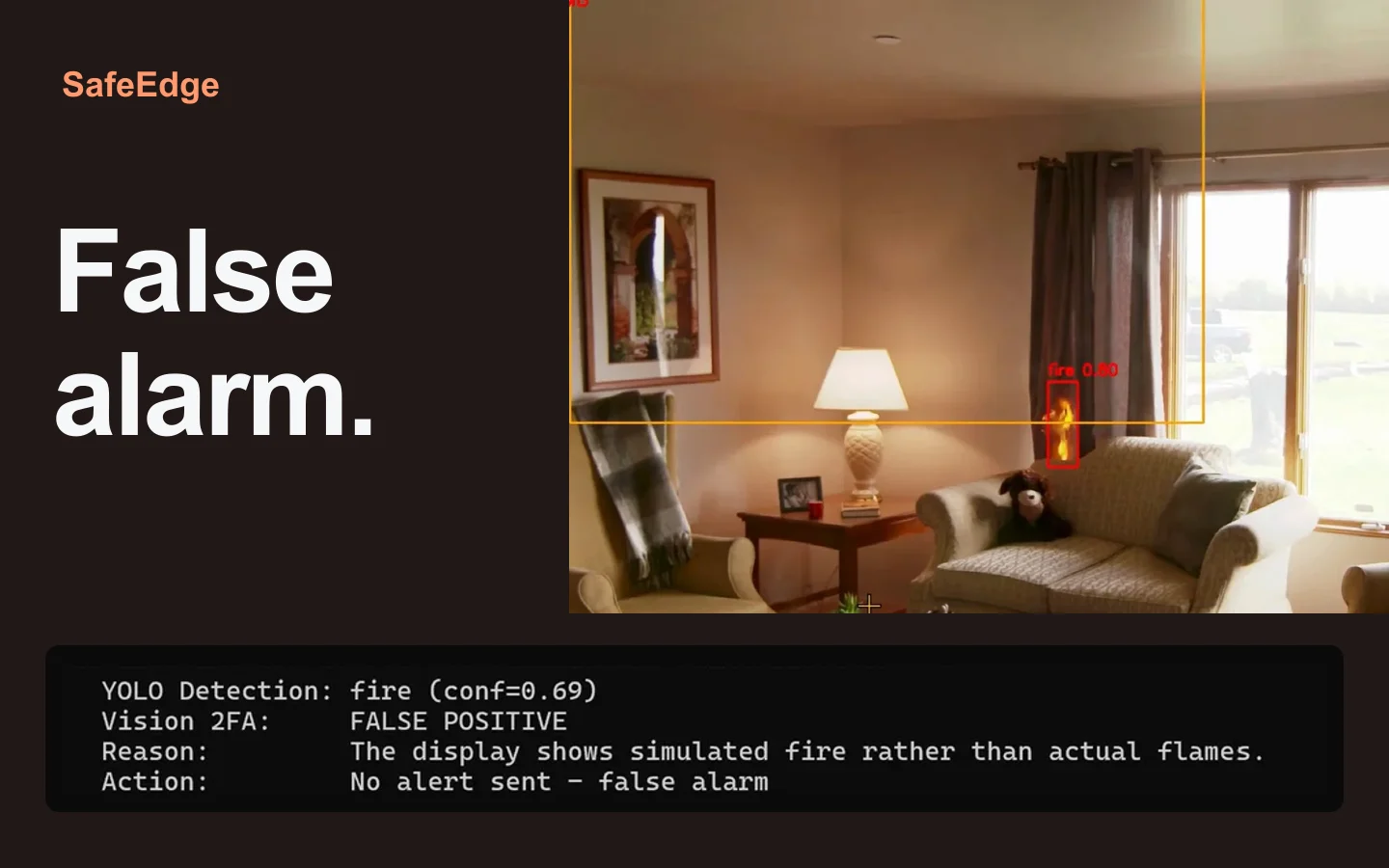 SafeEdge's fire-detection demo beside a real log rejecting a false alarm
