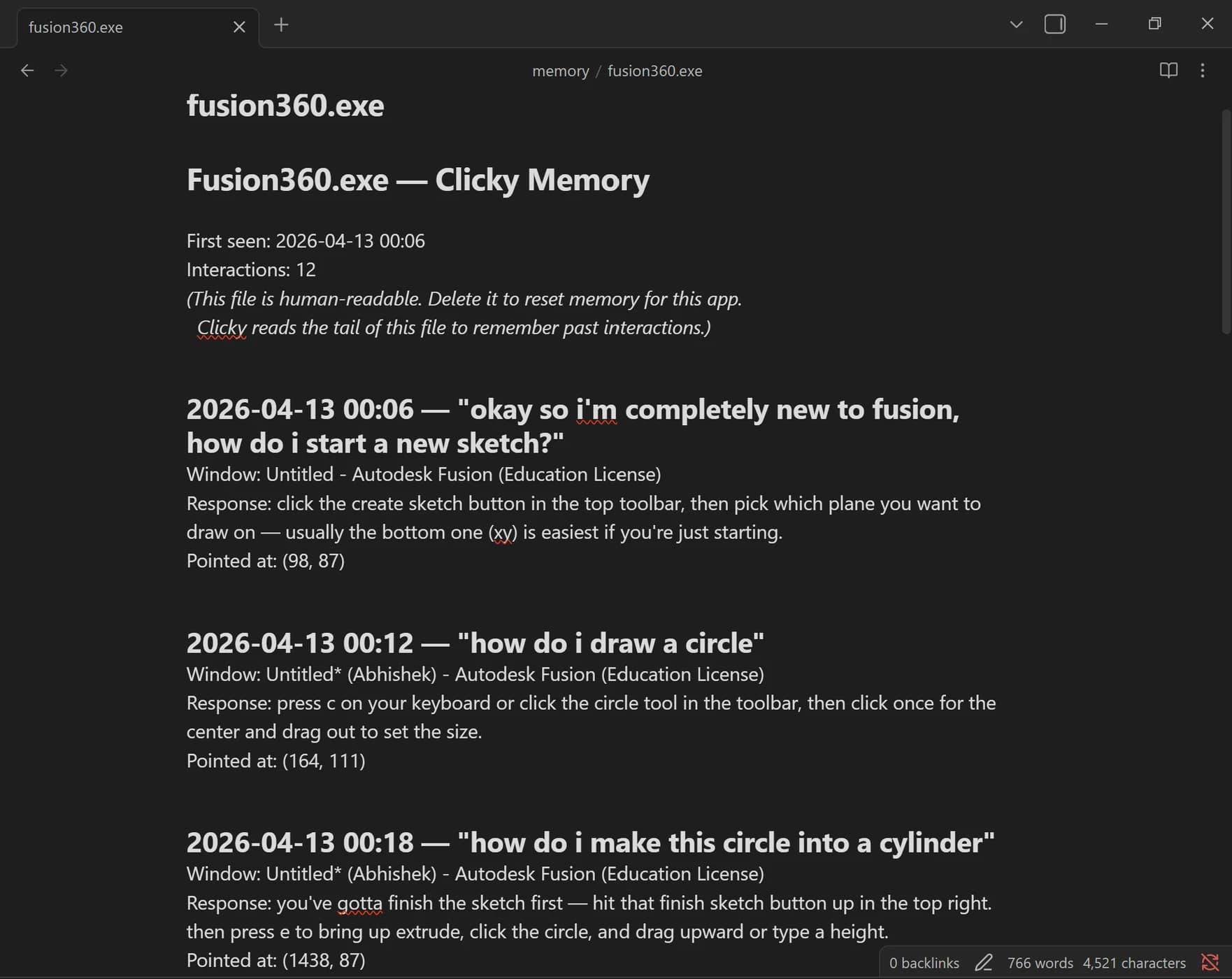 Obsidian showing Clicky's editable Fusion memory file with earlier questions and answers about sketches and shapes