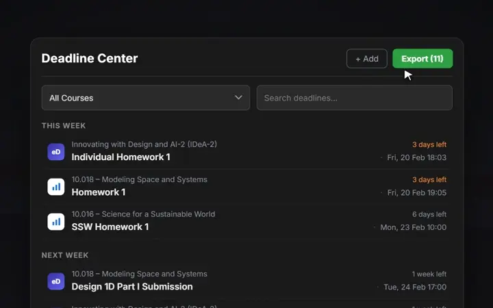 SUTD Deadline Centre demo showing upcoming coursework and an Export button
