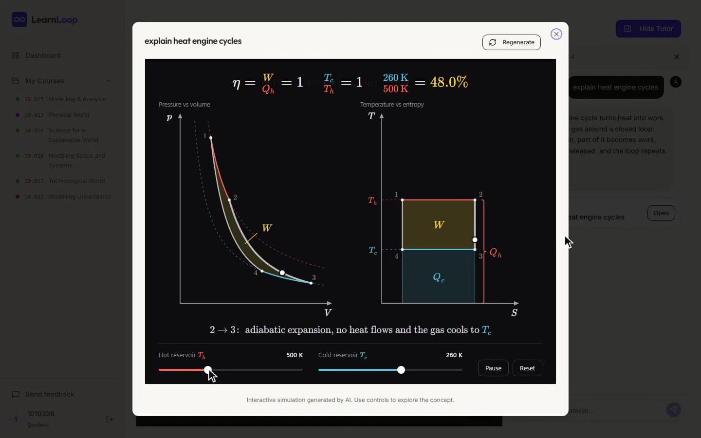LearnLoop heat-engine simulation with pressure-volume and temperature-entropy graphs and temperature controls
