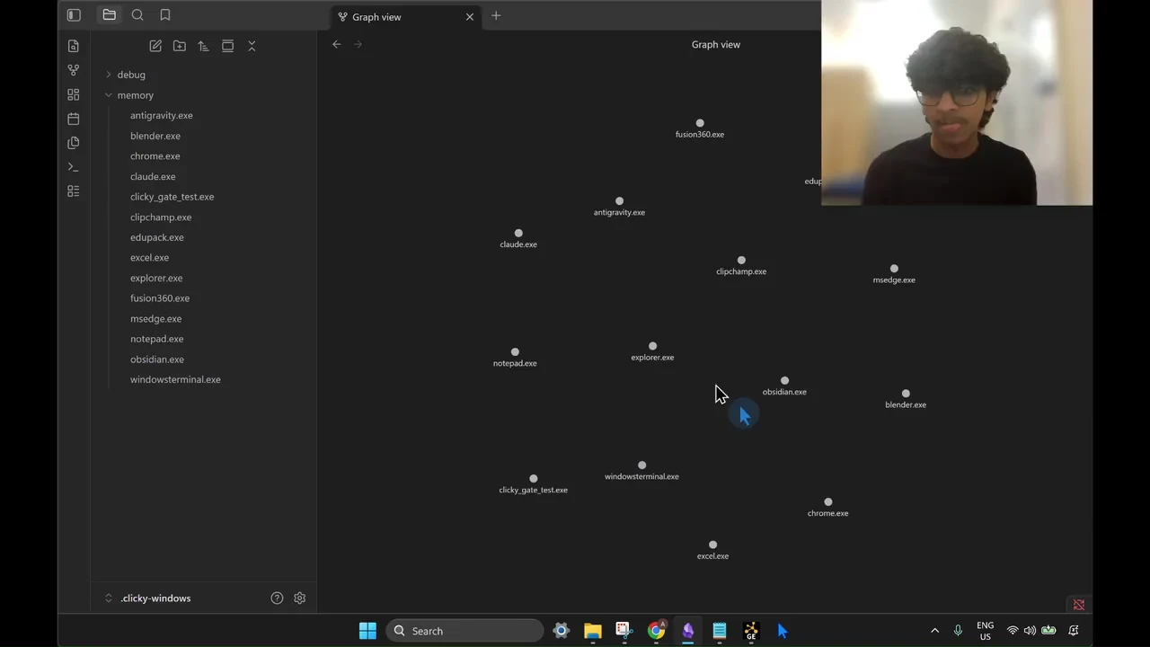 Clicky's Obsidian knowledge graph with the blue pointer and presenter video