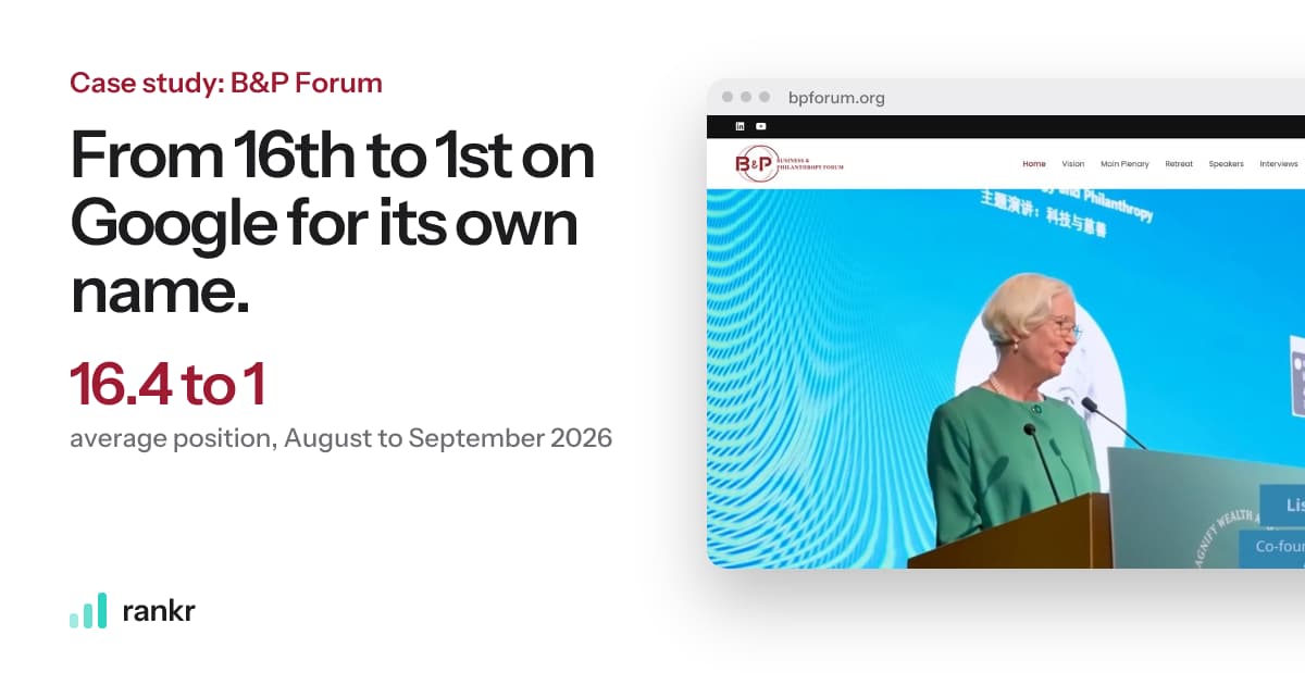 B&P Forum case study showing its average Google position for its own name improving from 16.4 to 1