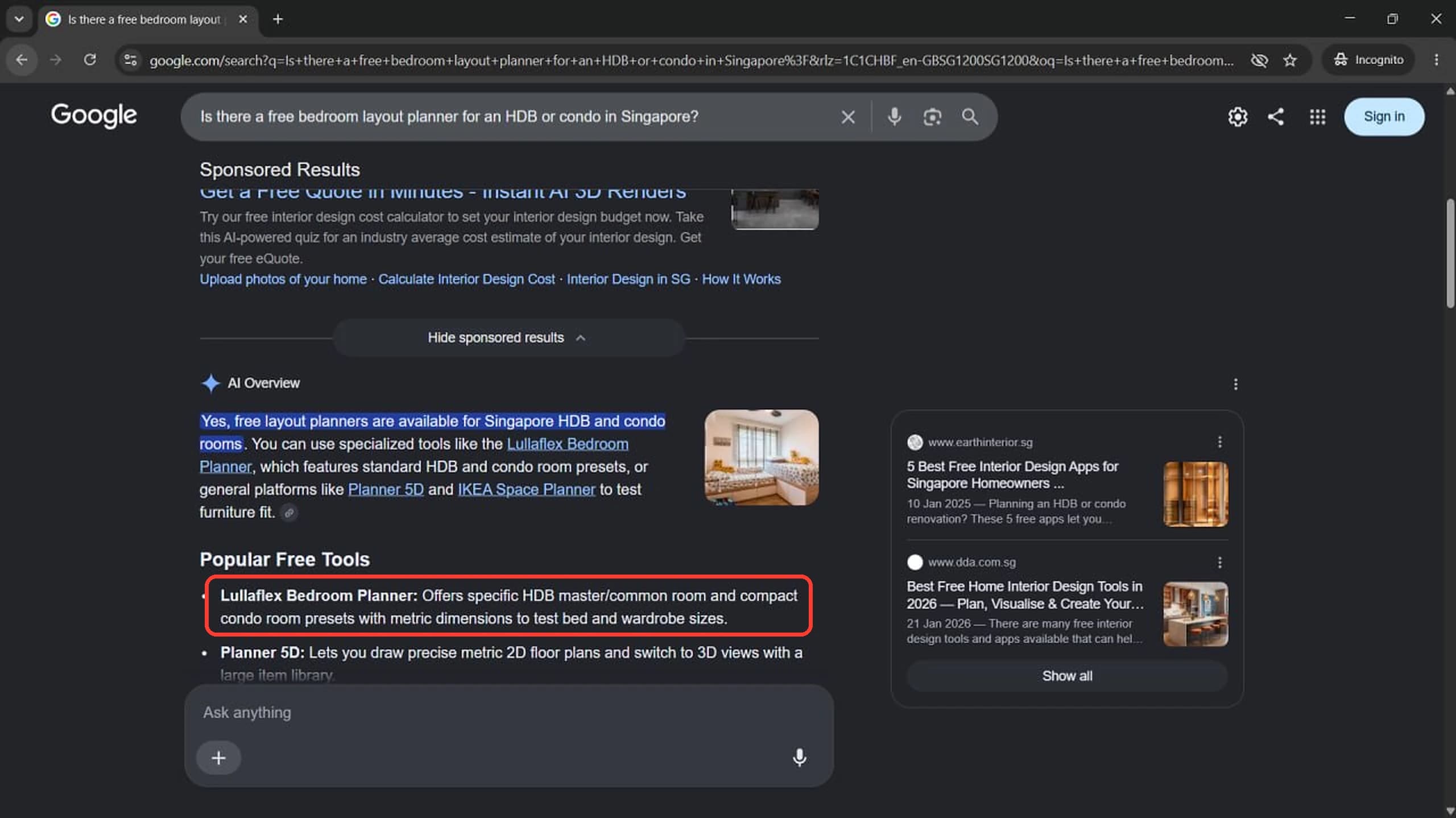 Google AI Overview in an incognito browser listing Lullaflex Bedroom Planner first under Popular Free Tools
