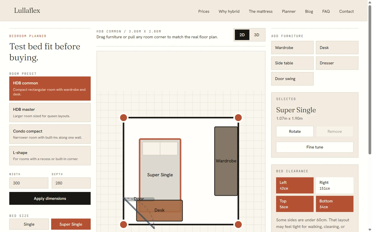 Lullaflex bedroom planner showing a room layout with furniture at scale